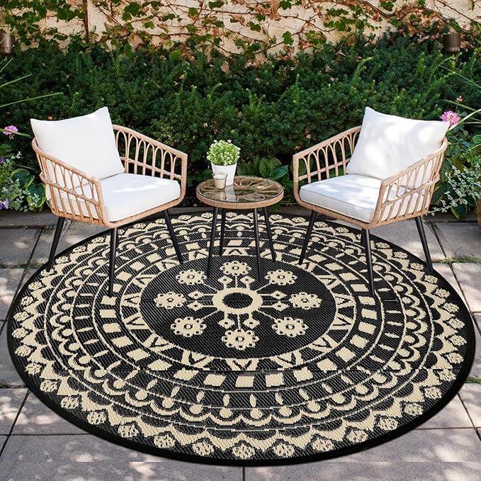Capslpad 6Ft Round Outdoor Rug for Patio Reversible Mat Waterproof Plastic Straw Rug Boho Circle Indoor Outside Area Rug for RV Camping Picnic Pool Tent Balcony Beach Deck Doormats Decor, Beige