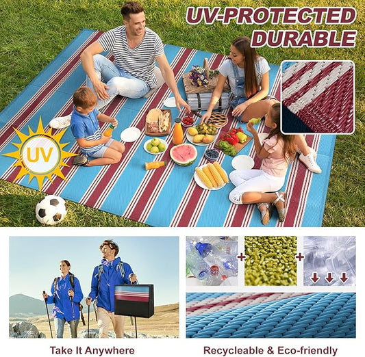 Lahome Striped Outdoor Plastic Straw Rug, Reversible Outdoor Rug Waterproof 9x12 Rugs for Patio, RV Camping Rug Picnic Mat Large Outside Carpet for Beach Deck Backyard Balcony(Blue/Red,9'x 12')