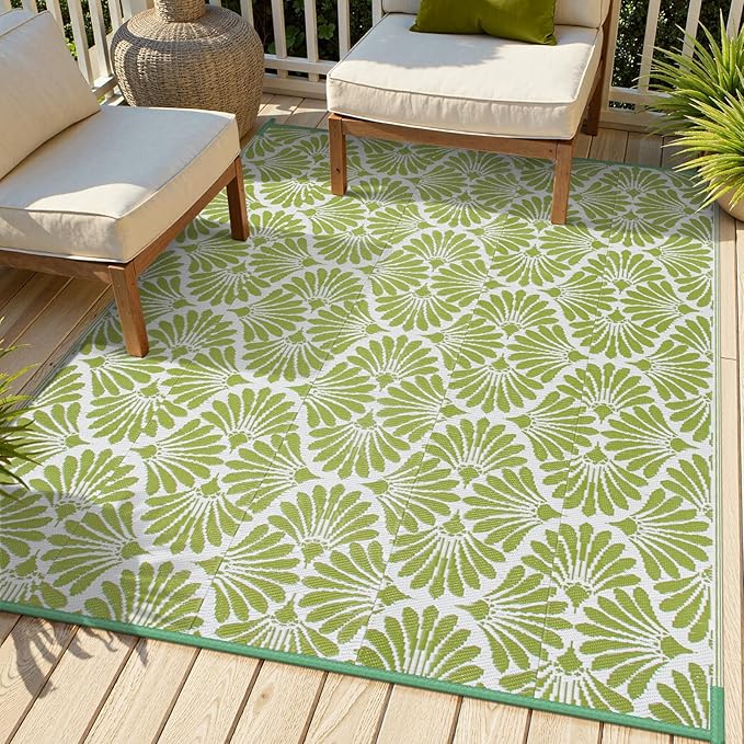 Lahome Outdoor Plastic Straw Camping Rugs, Waterproof 6x9 Outdoor Patio Rugs, Reversible Portable Outside Carpets for Beach Camping Picnic Rv, Pale Green,6'x9'