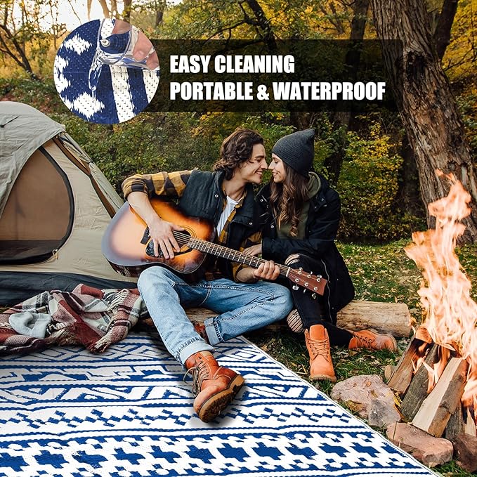 Outdoor Plastic Straw Rug, Waterproof Outdoor Rugs for Patios Clearance, Reversible Area Rug, Large Outside Carpet for Camping, Balcony, RV, Deck, Picnic, Beach 5x8ft Geometric Boho Blue&White