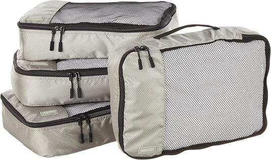 Amazon Basics 4 Piece Packing Cubes with Double Zipper and Mesh Top, Travel Organizer Set, Medium, Gray