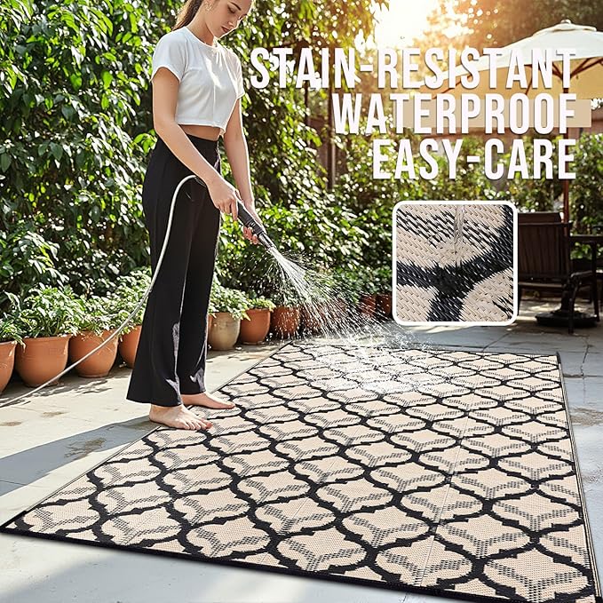 OLANLY Reversible Outdoor Rug 8x10 ft Clearance, Waterproof Outdoor Plastic Straw Rug with Interlacing Pattern, RV Mat for Patio, Camping, Balcony, Deck, Backyard, Black & Beige