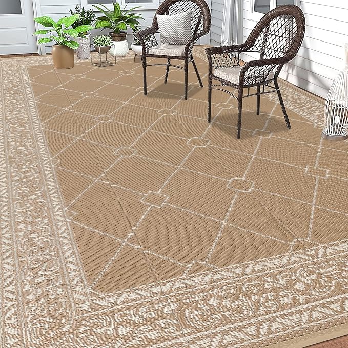 HEBE Outdoor Rug 9'x12' for Patios Waterproof Clearance Reversible Patio Mat Plastic Straw Rug RV Camping Mat Outside Area Rug Carpet for Camping RV,Porch,Deck,Balcony,Camper,Backyard