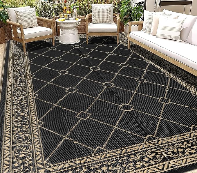 HEBE Outdoor Rug 9'x12' for Patios Waterproof Clearance Reversible Patio Mat Plastic Straw Rug RV Camping Mat Outside Area Rug Carpet for Camping RV,Porch,Deck,Balcony,Camper,Backyard