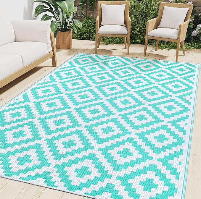 Smiry Waterproof Outdoor Rug 9x12 ft, Reversible Plastic Straw Patio Camping Rugs, Outdoor Indoor RV Mat Carpet for Patio, Outside Entry, Backyard, Deck, Bench, Picnic, Camper, White & Teal