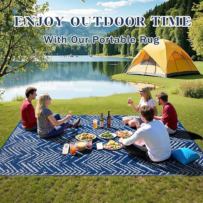 Outdoor Patio Rug 5x8 Navy Blue, Waterproof Reversible Outdoor Plastic Straw Rugs RV Camping Mat UV-Resistant Outside Carpet Portable Area Mats for Garden Balcony Deck Picnic Beach