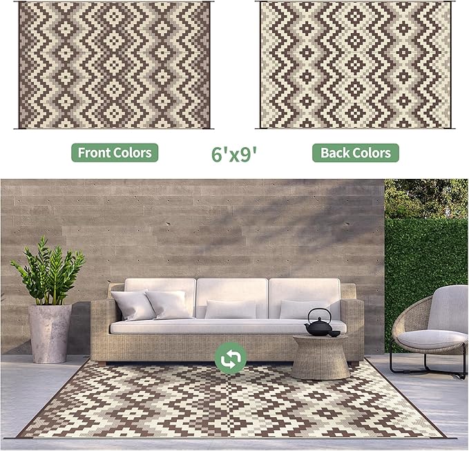 GENIMO Outdoor Rug Waterproof 6x9 ft, Lightweight Plastic Straw Rugs, Outside Reversible Area Mat Carpet for Patio, Camping, RV, Deck, Balcony, Porch, Backyard, Coffee & Beige
