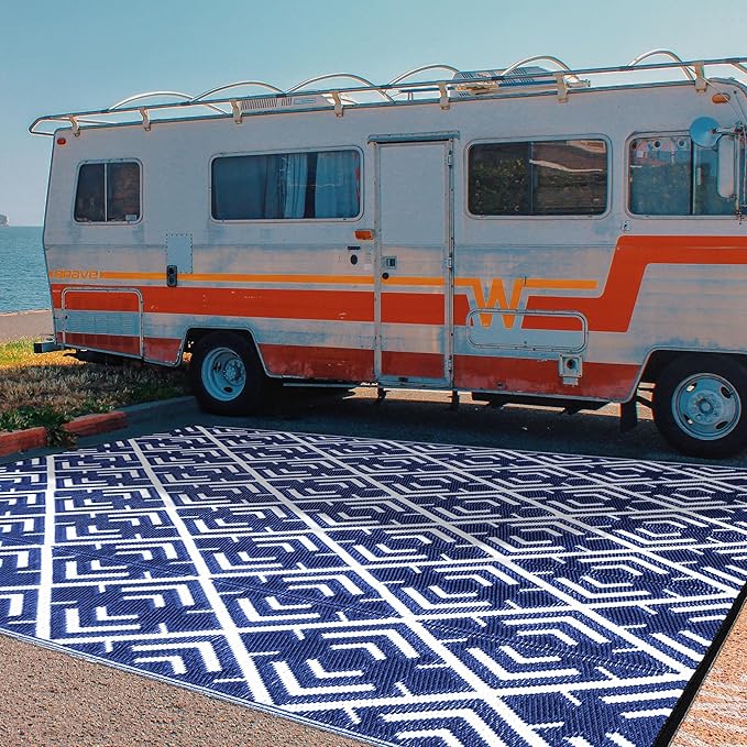 Outdoor Plastic Straw Rug, Waterproof Outdoor Rugs for Patios Clearance, Reversible Area Rug, Large Outside Carpet for Camping, Balcony, RV, Deck, Picnic, Beach (6x9ft Boho/Blue&White)