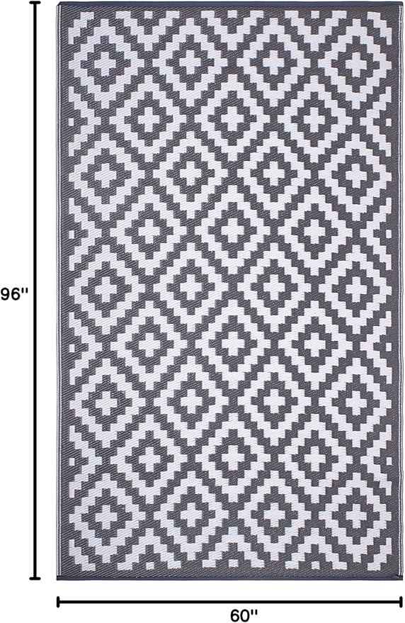 FH Home Outdoor Rug - Waterproof, Fade Resistant, Reversible - Premium Recycled Plastic - Geometric - Patio, Porch, Deck, Balcony - Aztec - Gray & White Crease Free - 5 x 8 ft
