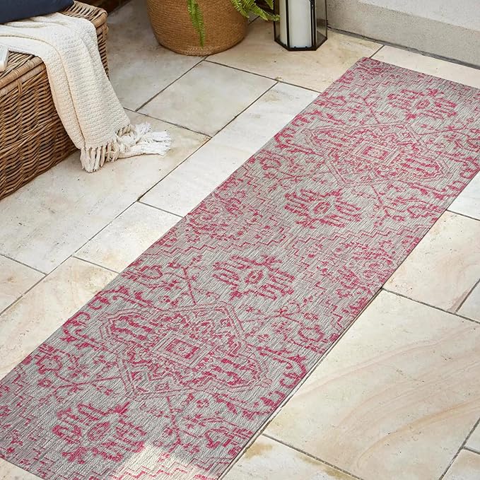 JONATHAN Y SMB105F-28 Estrella Bohemian Medallion Textured Weave Indoor Outdoor Runner Rug,Coastal,Traditional,Transitional Easy Clean,Bedroom,Kitchen,Backyard,Patio, Non-Shed,Light Gray/Fuchsia,2 X 8