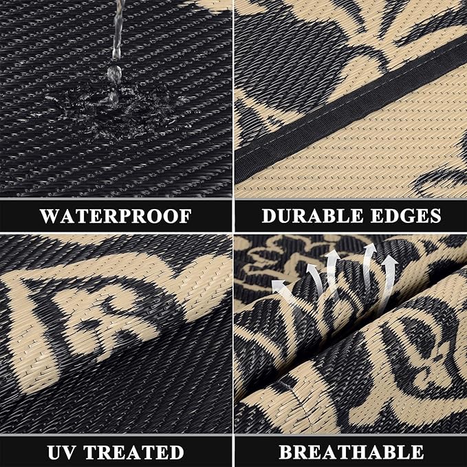 Pauwer Waterproof Outdoor Rug 8x10, Reversible Plastic Straw Patio Camping Rug, Indoor Outdoor RV Mat Carpet for Deck, Camper, Porch, Balcony, Backyard, Picnic, Boho Black Brown