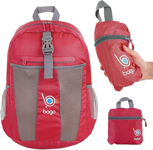 bago Lightweight Small Hiking Backpack for Women and Men - 25L Travel Day Pack - Foldable Hiking Daypack Ultralight for Camping Outdoor Sports - Day Bag Packable Backpack for Travel (Red)
