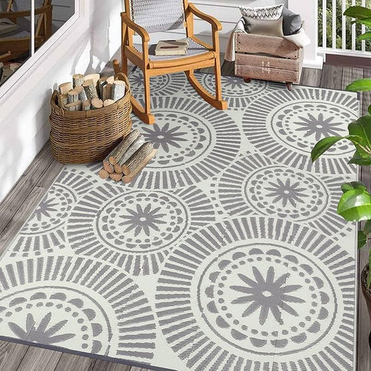 Ileading Reversible Plastic Outdoor Rug Modern Geometric Style Patio Straw Mat Waterproof Deck Carpets Non Shedding Portable Area Rugs for RV Beach Backyard Outside Pool Picnic Camping(6'x9'Grey)