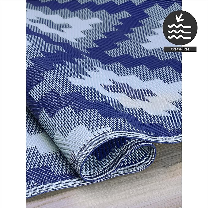 FH Home Outdoor Rug - Waterproof, Fade Resistant, Reversible - Premium Recycled Plastic - Geometric - Patio, Deck, Porch, Balcony, Laundry Room - Aztec Kilim - Blue Multi Crease Free - 4 x 6 ft