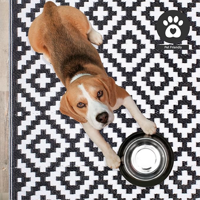 FH Home Outdoor Rug - Waterproof, Fade Resistant, Reversible - Premium Recycled Plastic - Geometric - Large Patio, Deck, Sunroom, Camping, RV - Aztec - Black & White Crease Free - 6 x 9 ft