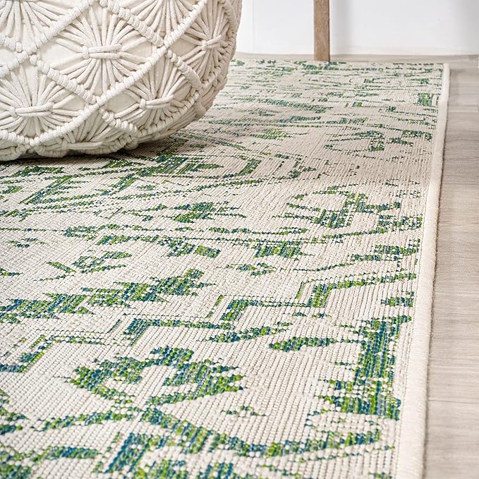 JONATHAN Y SMB105G-28 Estrella Bohemian Medallion Textured Weave Indoor Outdoor Runner Rug, Coastal,Traditional,Transitional Easy Clean,Bedroom,Kitchen,Backyard,Patio, Non-Shed, Green/Cream, 2 X 8