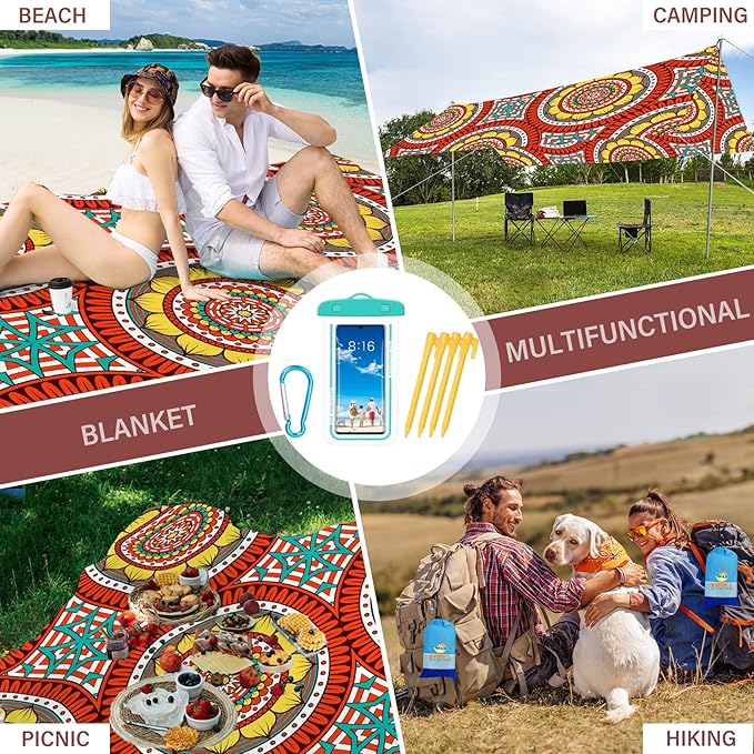 BYDOLL Beach Blanket Waterproof Sandproof 78''×81'' Suits1-4 Adults Compact Lightweight Oversized Sand-Free Blanket Large Picnic Mat for Beach Travel Camping Hiking