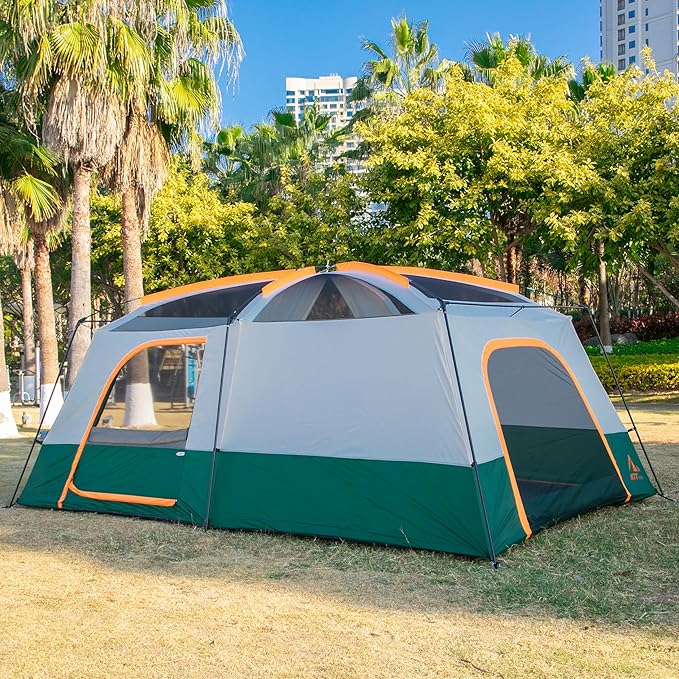 KTT Extra Large Tent 10-12-14 Person(A),Family Cabin Tents,2 Rooms,3 Doors and 3 Windows with Mesh,Straight Wall,Waterproof,Double Layer,Big Tent for Outdoor,Picnic,Camping,Family Gathering