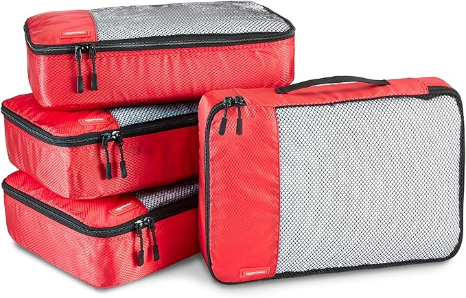 Amazon Basics Medium Packing Cubes for Travel, Packing Organizers, 4-Piece-Set With Double Zipper Pulls and Mesh Top Panel, 100% Durable Polyester, Red, 13.8"L x 9.8"W x 3"H