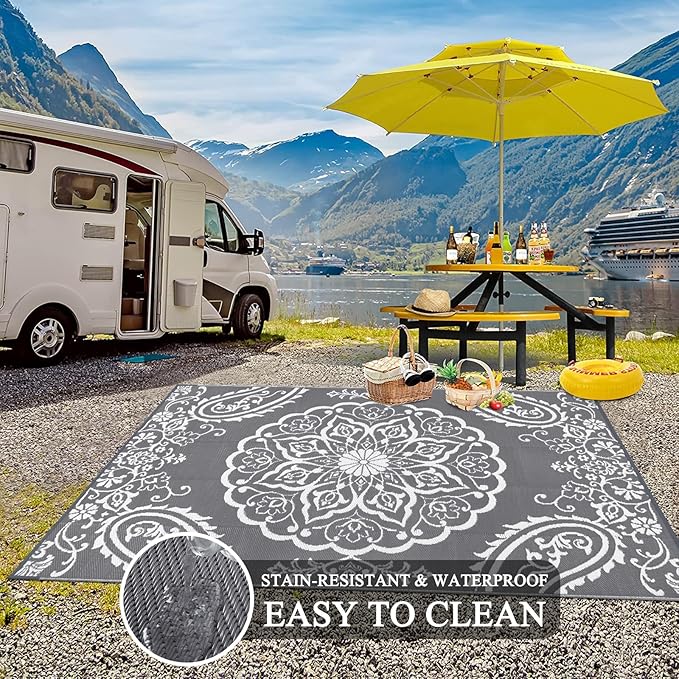 Pauwer Waterproof Outdoor Rug 5x8, Reversible Plastic Straw Patio Camping Rug, Indoor Outdoor RV Mat Carpet for Deck, Camper, Porch, Balcony, Backyard, Picnic, Boho Grey