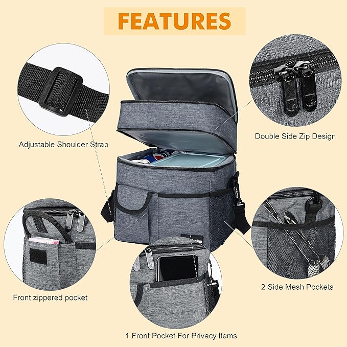 Tirrinia Large Insulated Lunch Box for Women Men, Double-Layer Leak-Proof Reusable Lunch Bag with 4 Pockets for Adult, Lunch Bag Cooler Tote for Office Work and Travel,Carbonarius