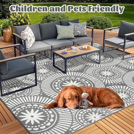 Ileading Large Plastic Outdoor Rug 9x12ft Modern Geometric Style Reversible Patio Area Rugs Waterproof Non Shedding Portable Carpets for Rv Outside Deck Pool Beach Picnic Camping (Grey)