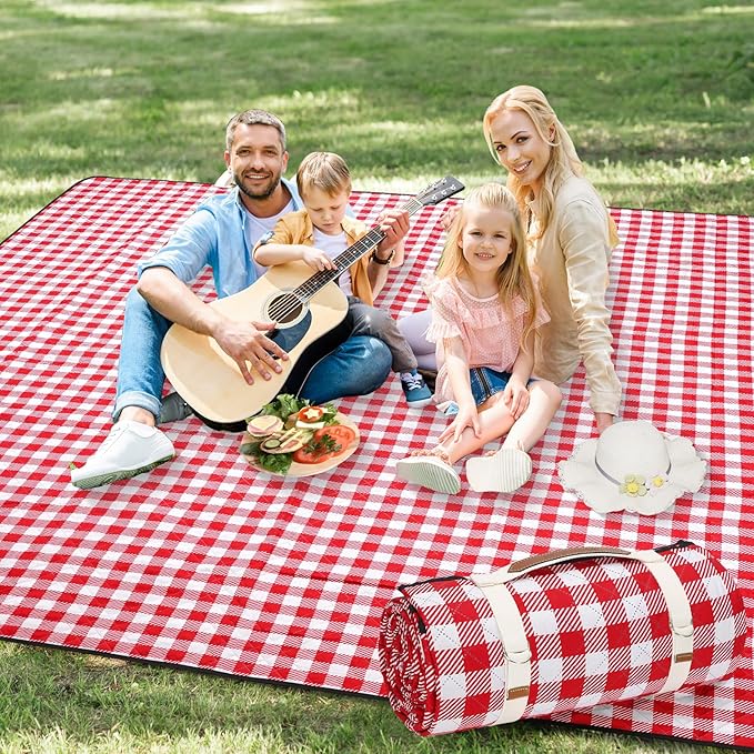 G GOOD GAIN Picnic Blankets Outdoor Extra Large - 80"x80" Portable Waterproof Picnic Blanket, Machine Washable 3-Layer Foldable Park Mat with Sandproof Backing for Grass, Hiking, Travel (Red)
