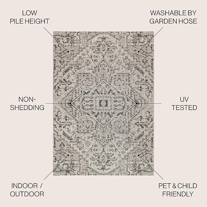 JONATHAN Y SMB105D-3SQ Estrella Bohemian Medallion Textured Weave Black/Gray 3' Square Indoor/Outdoor Area Rug, Pet Friendly, Non-Shedding, Stain Resistant, Easy-Cleaning for Backyard, Patio, Porch