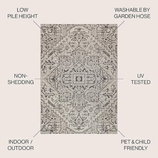 JONATHAN Y SMB105D-9 Estrella Bohemian Medallion Textured Weave Indoor Outdoor Area-Rug Coastal Bohemian Rustic Glam Easy-Cleaning Bedroom Kitchen Backyard Patio Non Shedding, 9 X 12, Black/Gray