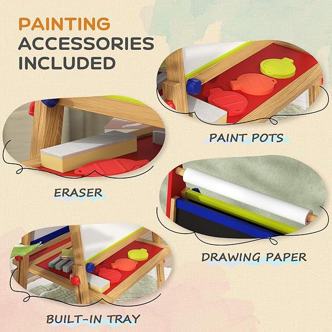 Qaba Easel for Kids, 3 in 1 Kids Art Easel with Paper Roll, Whiteboard, Chalkboard, Double Sided & Adjustable Height Wooden Toddler Easel with Painting Accessories, for Kids 3-8 Years, Nature Wood