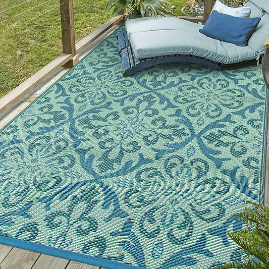 Lahome Waterproof Outdoor Rug 6x9 ft, Reversible Plastic Straw Patio Rug for Camping, RV Mat Outside, Indoor Outdoor Carpet for Porch Deck Backyard Camper Picnic, Green & White 6x9