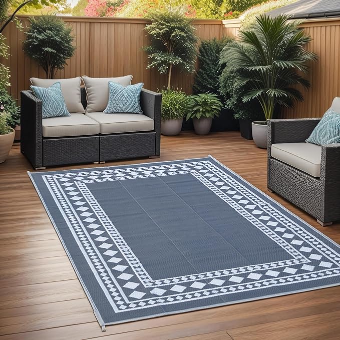 RURALITY Outdoor Rugs 5x8 Waterproof for Patios Clearance,Plastic Straw Mats for Backyard,Porch,Deck,Balcony,Grey and White