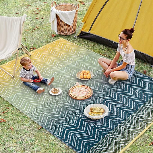 Lahome Outdoor Rugs 8x10 Waterproof, Reversible Plastic Outdoor Area Rug for Patios, Outside RV Mat Carpet for Deck Porch Backyard Balcony Picnic Trailer (Yellow/Blue, 8' x 10')