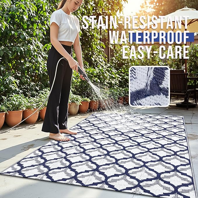 OLANLY Reversible Outdoor Rug 5x8 ft Clearance, Waterproof Outdoor Plastic Straw Rug with Interlacing Pattern, RV Mat for Patio, Camping, Balcony, Deck, Backyard, Navy & White