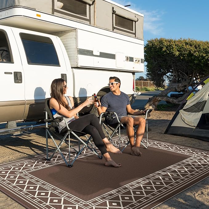 GENIMO Outdoor Rug Waterproof for Patio, 9'x12' Foldable Reversible Plastic Straw Carpet for Travel Trailers, Outside Area Mat for Rv, Deck, Picnic, Porch, Camper, Balcony, Beach, Coffee & Beige