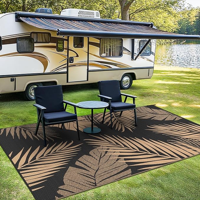 Outdoor Rug 8' x 10' for Patio Waterproof Clearance, Reversible Indoor Outdoor Plastic Straw Camping Rug Carpet, RV Mat, Large Area Rug for Deck, Backyard, Balcony, Porch, Beach,Black and Brown