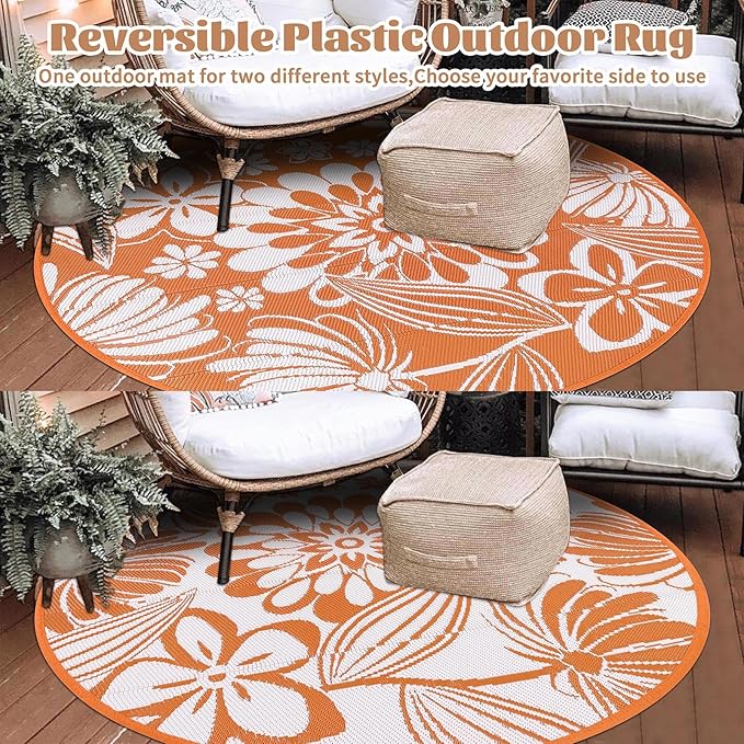 Ileading Round Outdoor Plastic Straw Rug 6ft Funny Floral Style Reversible Patio Area Rugs Waterproof Non Shedding Portable Carpets for Rv Outside Deck Pool Beach Picnic Camping (Orange)