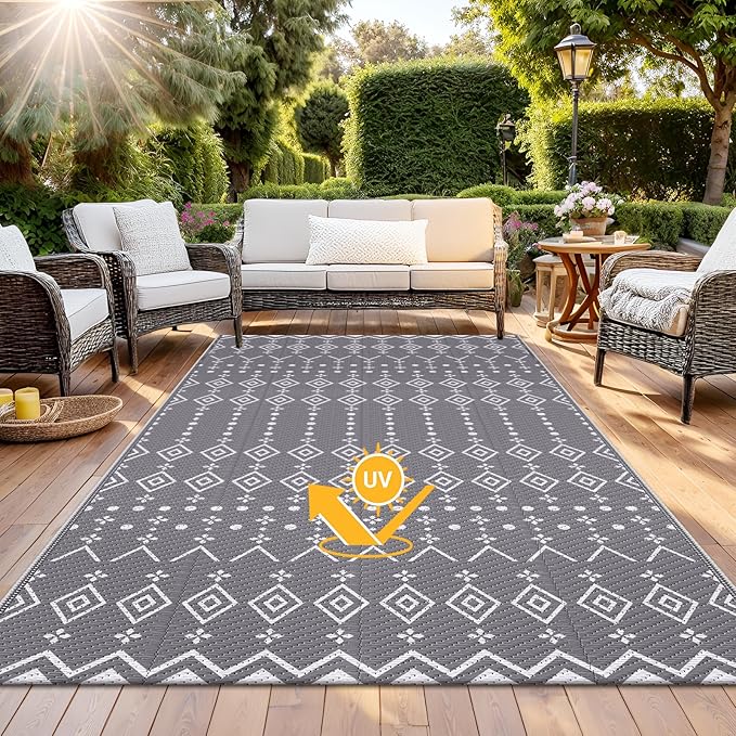 StepRite 6’ x 9’ Reversible Outdoor Rug, Waterproof Plastic Straw Rug, Patio Rug, Large Modern Area Rug Carpet, Indoor Outdoor Rugs for Camping, Porch, Deck, Balcony, Backyard, RV, Picnic(Grey)