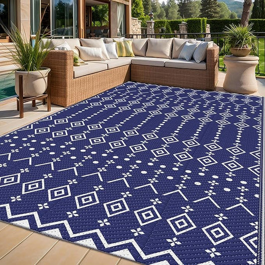 StepRite 5’ x 8’ Reversible Outdoor Rug, Waterproof Plastic Straw Rug, Patio Rug, Large Modern Area Rug Carpet, Indoor Outdoor Rugs for Camping, Porch, Deck, Balcony, Backyard, RV, Picnic(Blue)