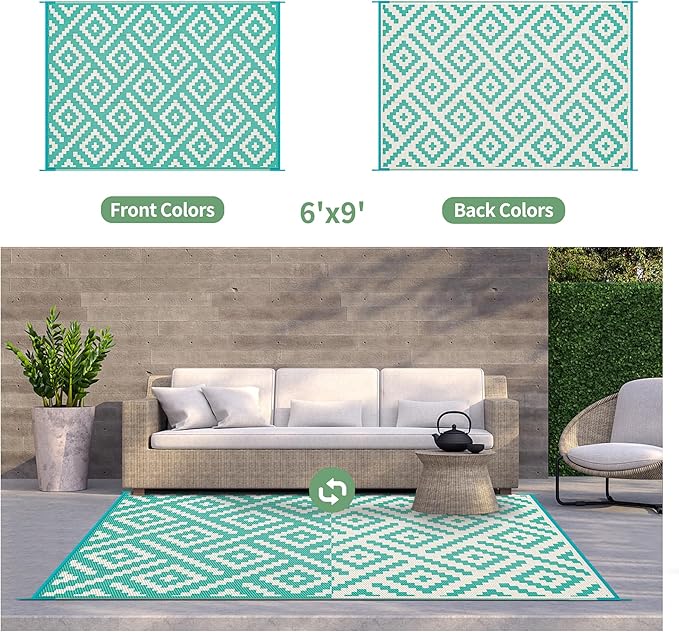 GENIMO Outdoor Rug for Patio Clearance, 6'x9' Waterproof Camping Mat, Reversible Plastic Straw Rugs for RV, Camper, Balcony, Backyard, Picnic, Deck (Lake Green & Beige White)