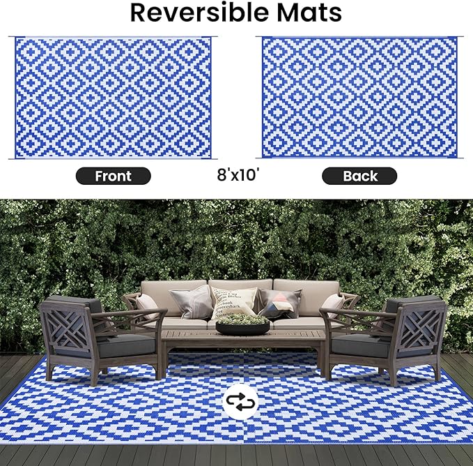 Smiry Waterproof Outdoor Rug 8x10 ft, Reversible Plastic Straw Patio Camping Rugs, Outdoor Indoor RV Mat Carpet for Patio, Outside Entry, Backyard, Deck, Bench, Picnic, Camper, White & Blue