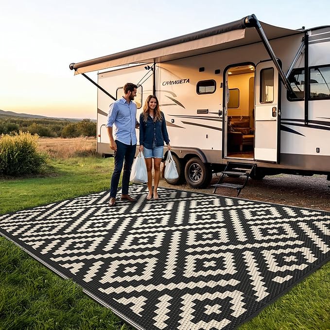 Outdoor Rug for Patio - Waterproof Plastic Straw Camping Rugs 5x8 ft, Reversible Outdoor Indoor RV Mat Carpet for Patio, Porch, Deck, Balcony, Picnic, Beach, Black Beige