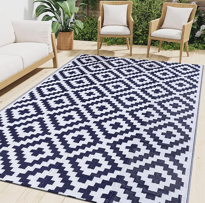 Smiry Waterproof Outdoor Rug 8x10 ft, Reversible Plastic Straw Patio Camping Rugs, Outdoor Indoor RV Mat Carpet for Patio, Outside Entry, Backyard, Deck, Bench, Picnic, Camper, White & Navy