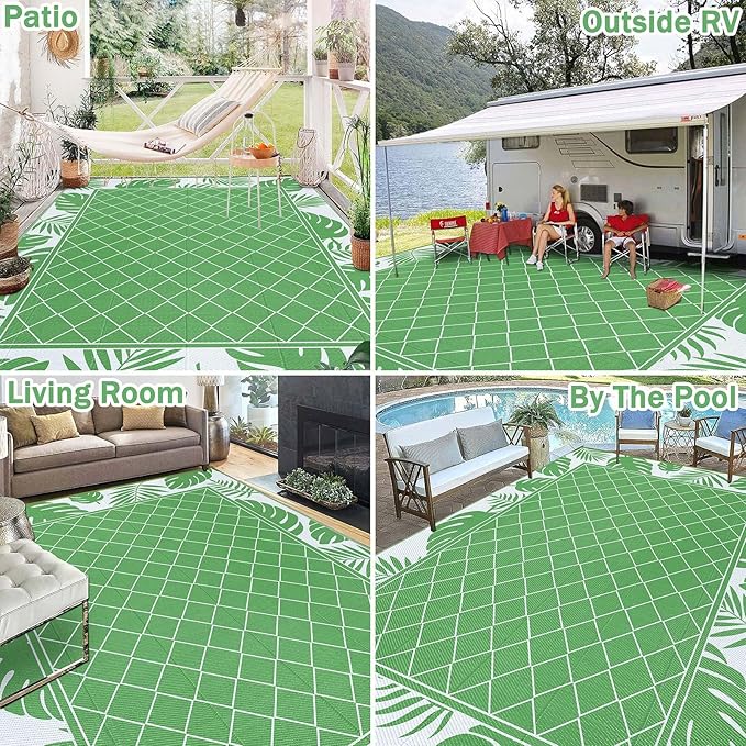 Ileading Outdoor Rug Carpet for Patio 9'x12' Waterproof Reversible Plastic Straw Rug Portable Outside Area Rug Camping Mat for Patio, Clearance, Balcony, Picnic, Pool, Beach, RV, Deck, Green