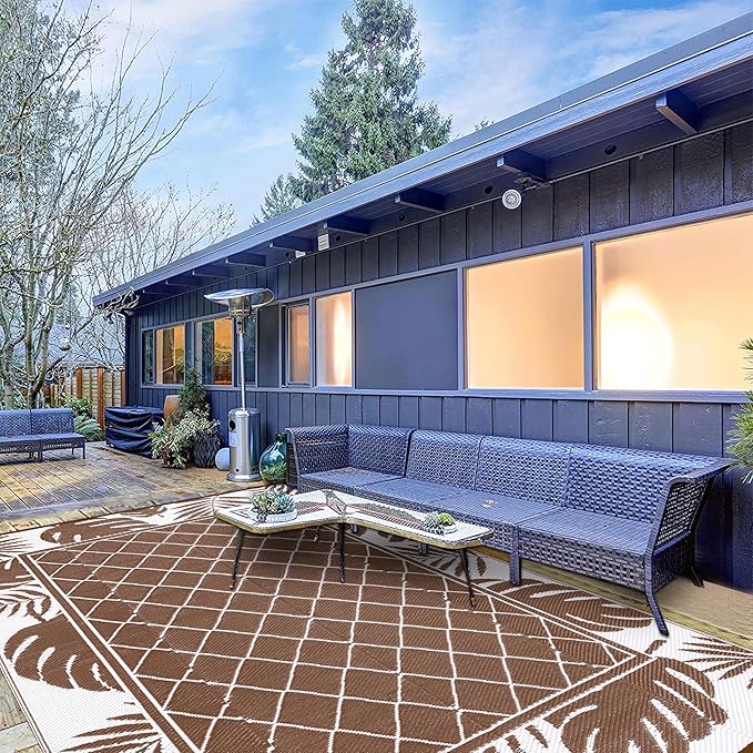 Ileading Outdoor Rug Carpet for Patio 6' x9' Waterproof Reversible Plastic Straw Rug Portable Outside Area Rug Camping Mat for Patio, Clearance, Balcony, Picnic, Pool, Beach, RV, Deck, Leaf Brown