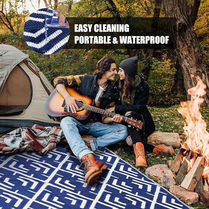 Outdoor Plastic Straw Rug, Waterproof Outdoor Rugs for Patios Clearance, Reversible Area Rug, Large Outside Carpet for Camping, Balcony, RV, Deck, Picnic, Beach (5x8ft Boho/Blue&White)