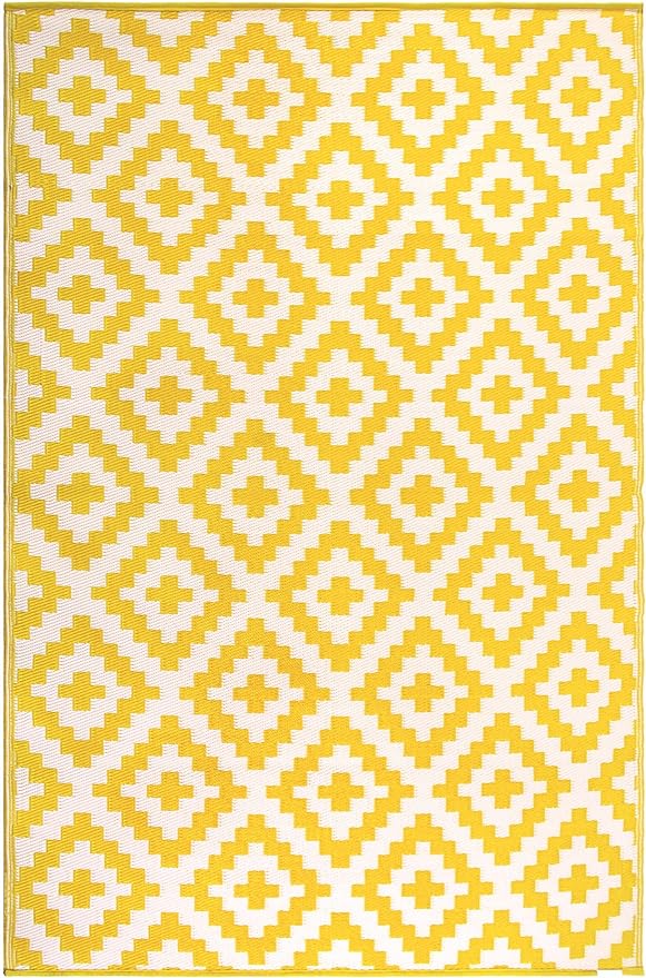 FH Home Outdoor Rug - Waterproof, Fade Resistant, Reversible - Premium Recycled Plastic - Geometric - Porch, Deck, Balcony, Mudroom, Laundry Room, Patio - Aztec - Yellow & White Crease Free - 3 x 5 ft