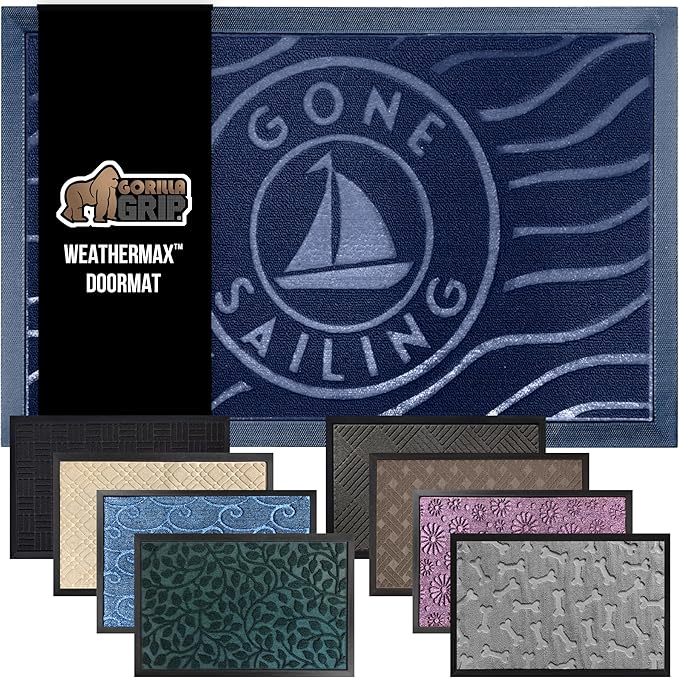 GORILLA GRIP 100% Waterproof All-Season WeatherMax Doormat, Durable Natural Rubber, Stain and Fade Resistant, Low Profile, Indoor Outdoor Door Mats, Easy Clean Patio Entrance Mat, 17x29, Blue Sailing