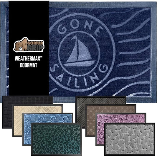 GORILLA GRIP 100% Waterproof All-Season WeatherMax Doormat, 23x35, Durable Natural Rubber, Stain and Fade Resistant, Low Profile, Indoor Outdoor Door Mats, Easy Clean Patio Entrance Mat, Blue Sailing