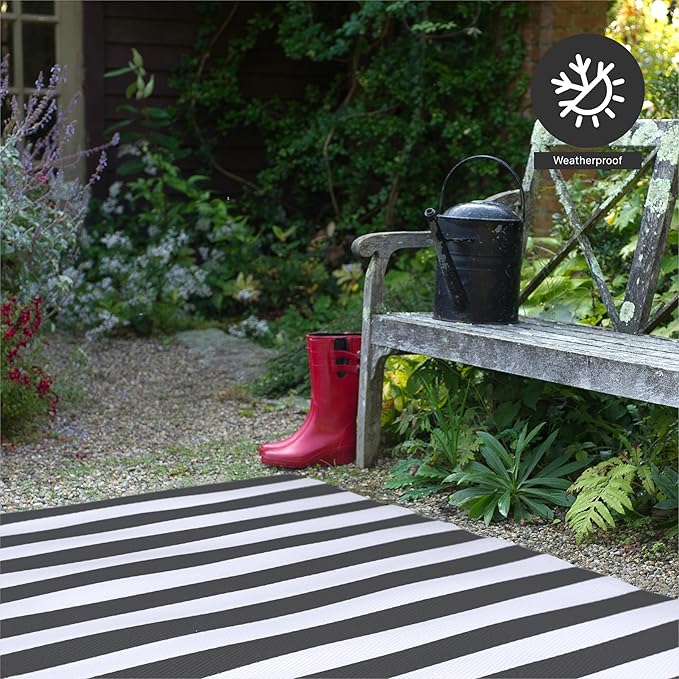 FH Home Outdoor Rug - Waterproof, Fade Resistant, Reversible - Premium Recycled Plastic - Striped - Large Patio, Deck, Sunroom, RV, Camping - Brittany Stripe - Gray & White - 9 x 12 ft Foldable